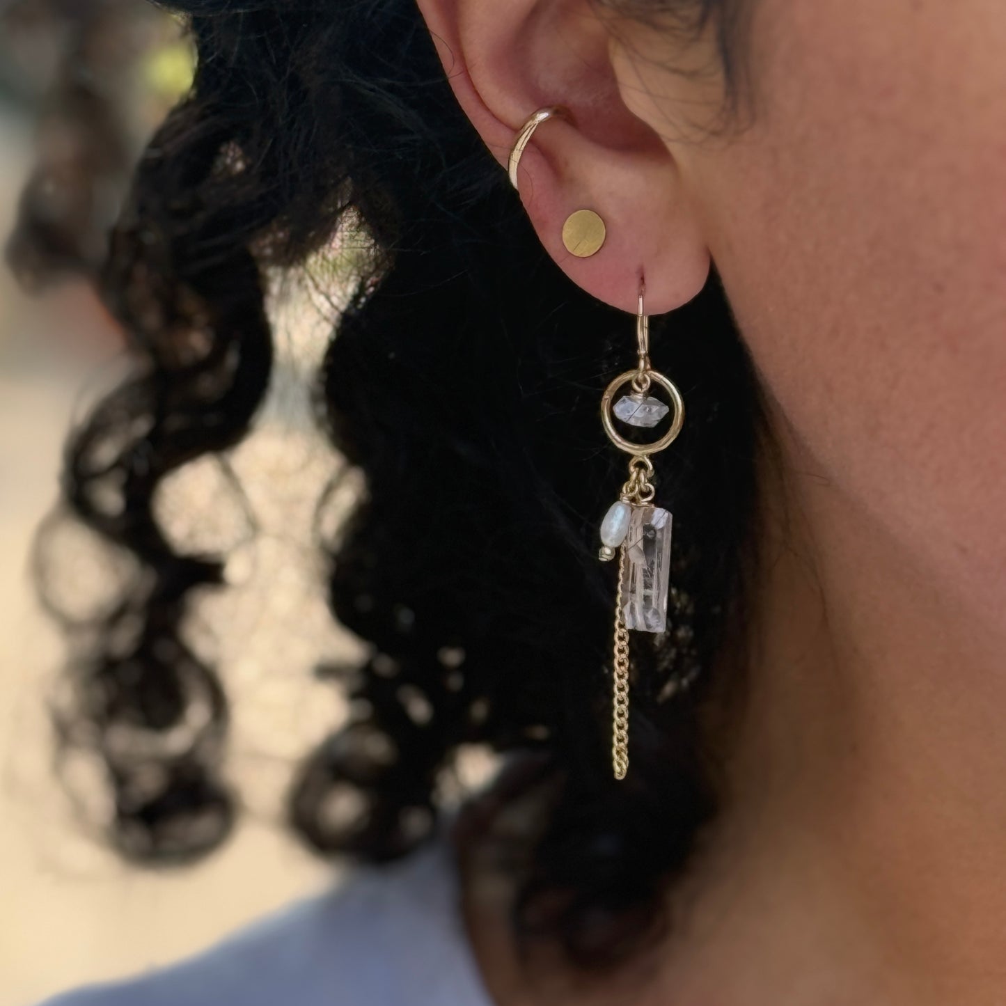 Kunzite, Herkimer, Pearl Dangle Earrings