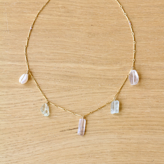 Pearl, Aquamarine, Kunzite, Crystal Quartz Drop Necklace