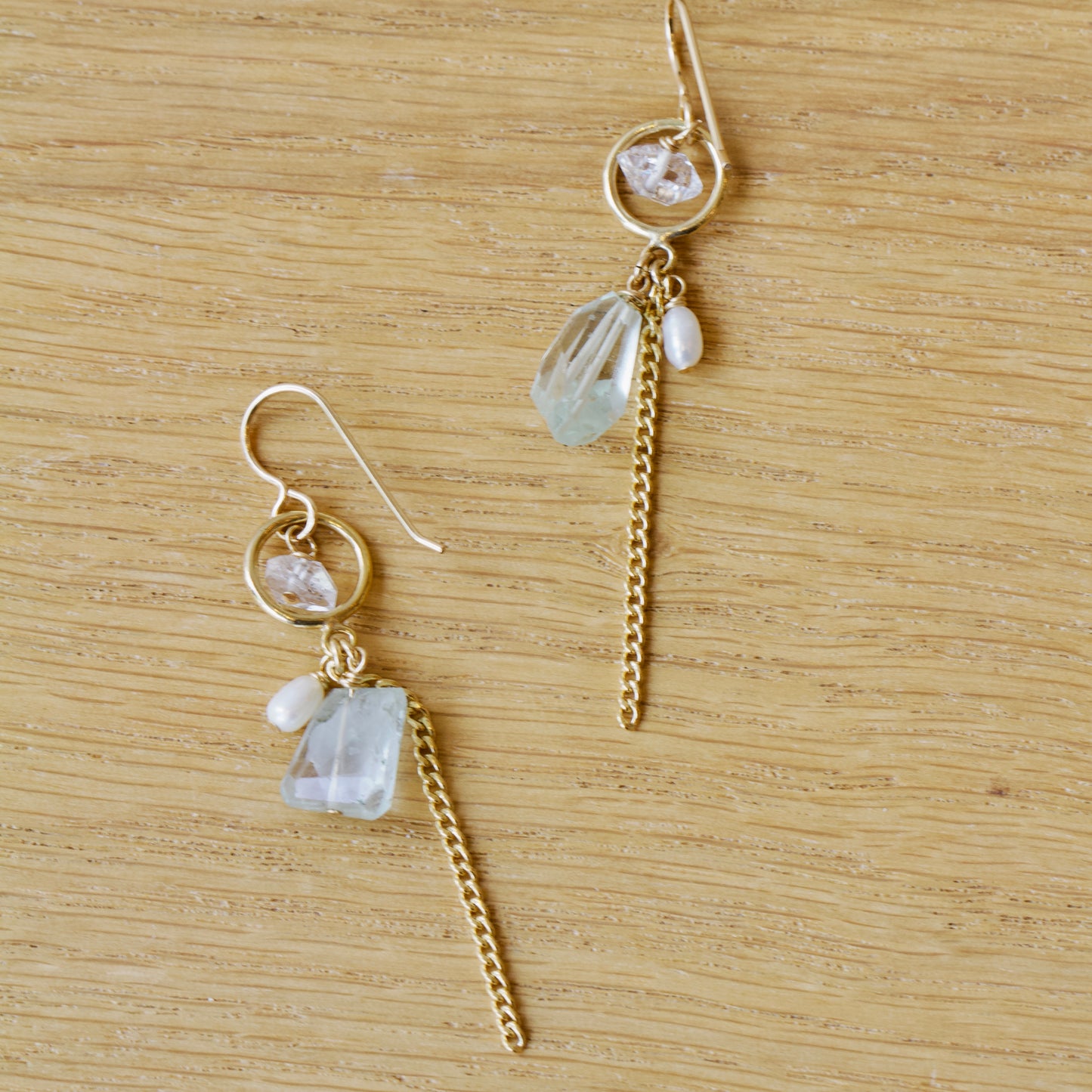 Aquamarine, Herkimer, Pearl Dangle Earrings