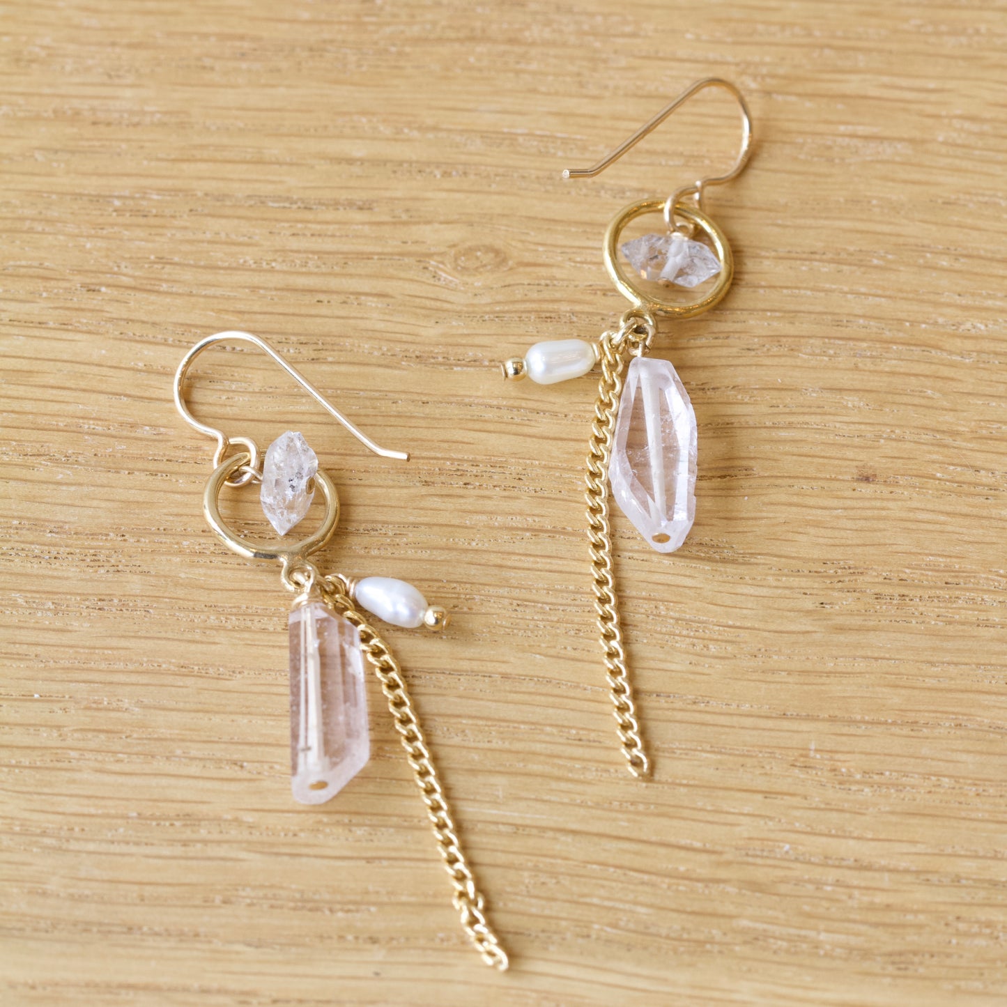 Kunzite, Herkimer, Pearl Dangle Earrings