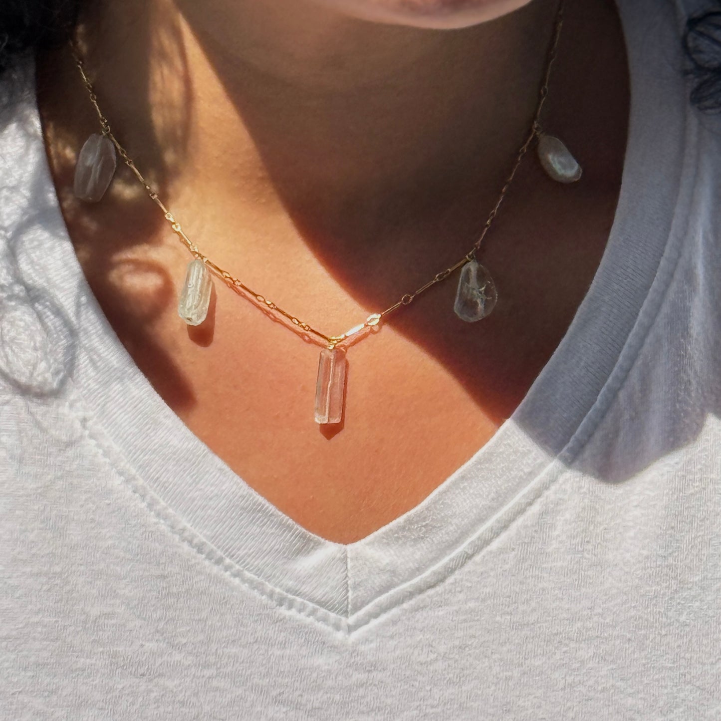 Pearl, Aquamarine, Kunzite, Crystal Quartz Necklace