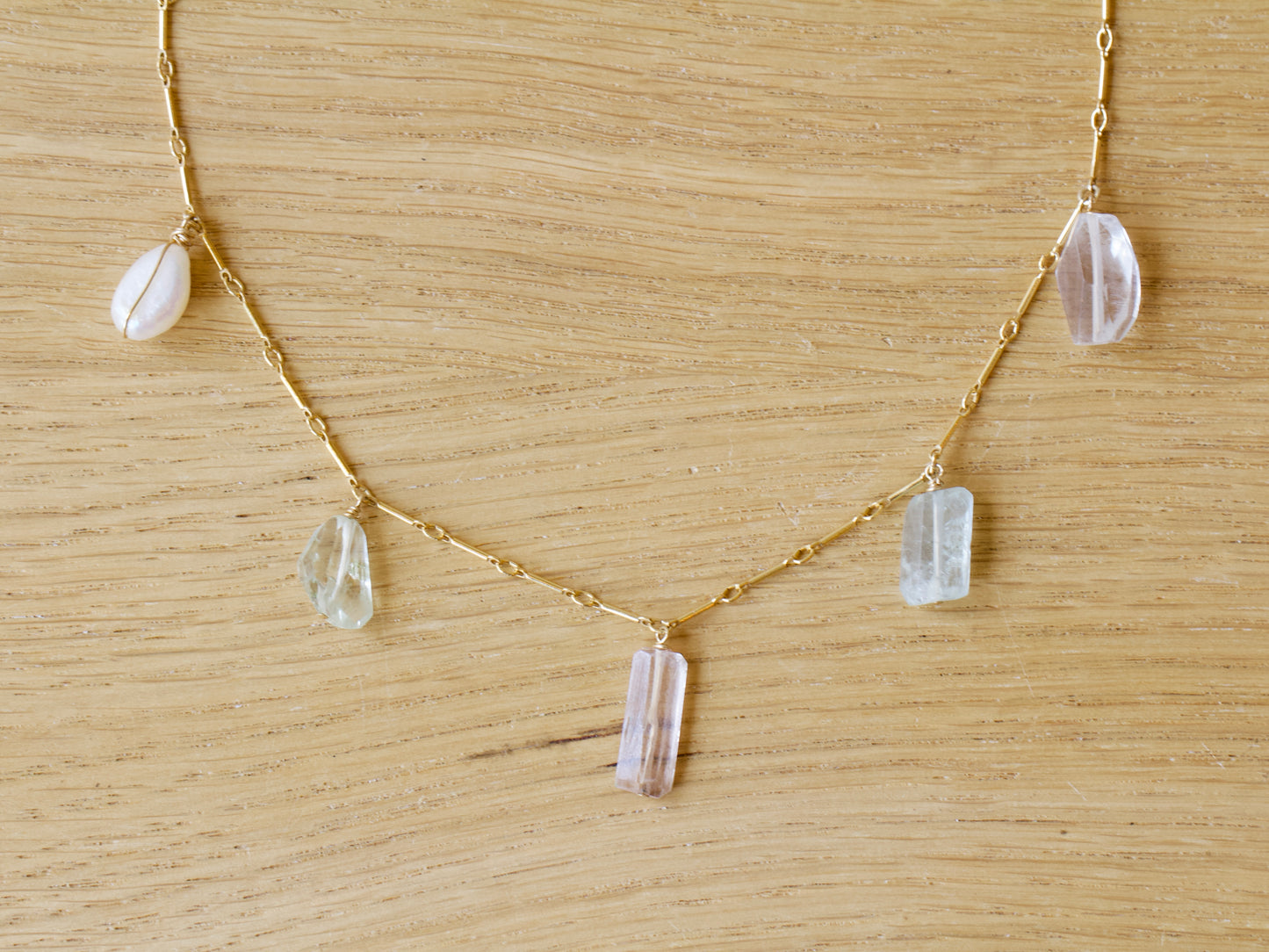 Pearl, Aquamarine, Kunzite, Crystal Quartz Necklace