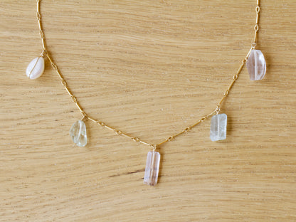 Pearl, Aquamarine, Kunzite, Crystal Quartz Necklace