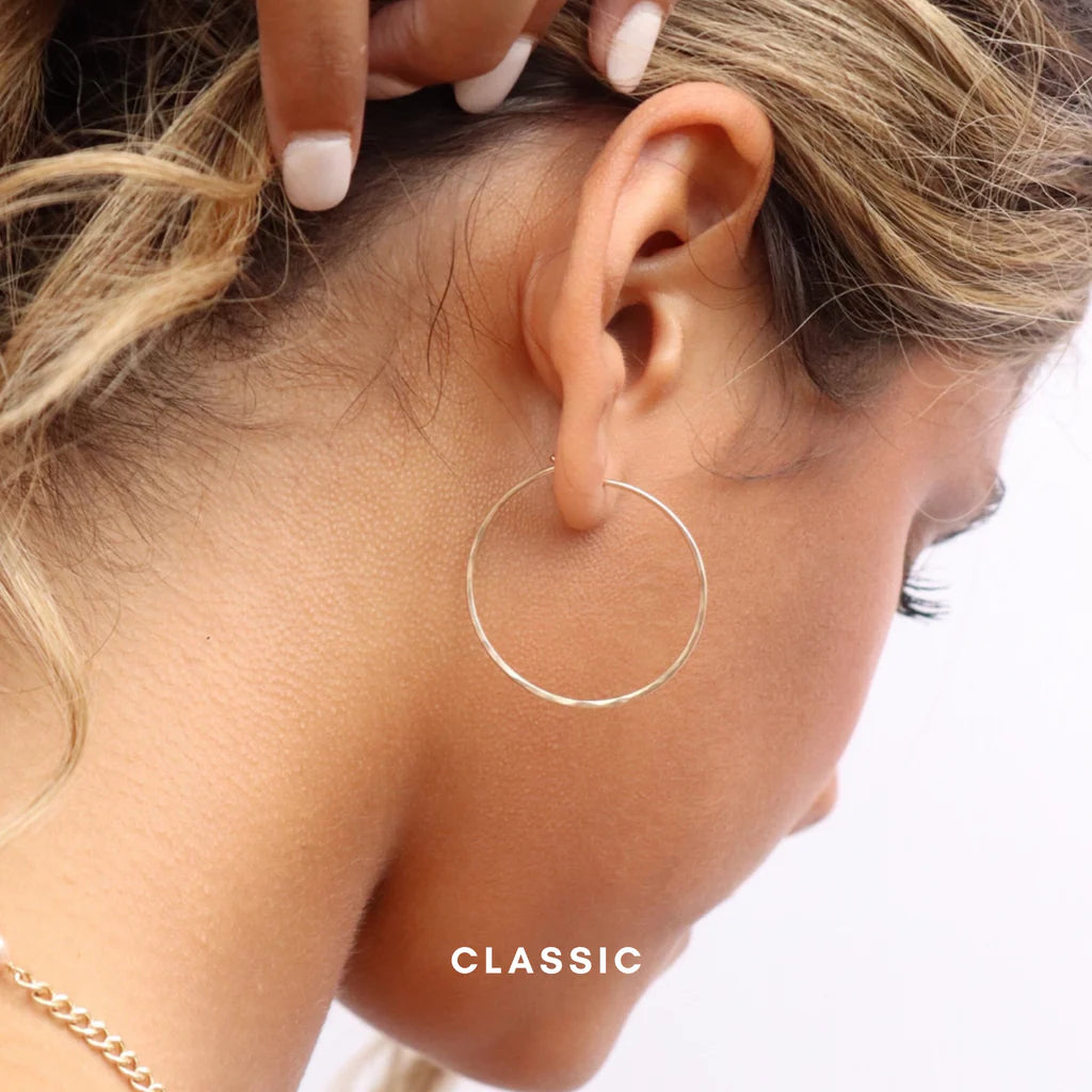 Organic Hoops in 14k gold fill, Classic size, worn on models ear