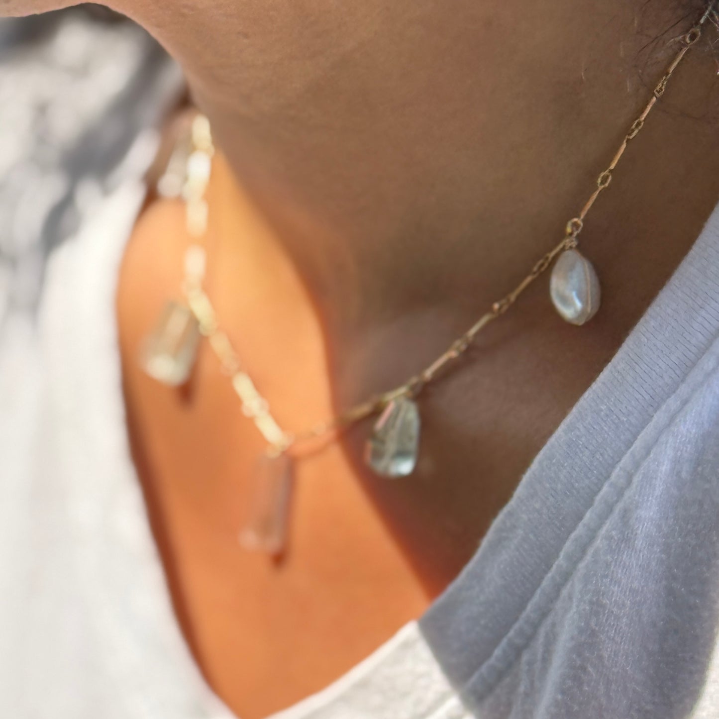 Pearl, Aquamarine, Kunzite, Crystal Quartz Necklace