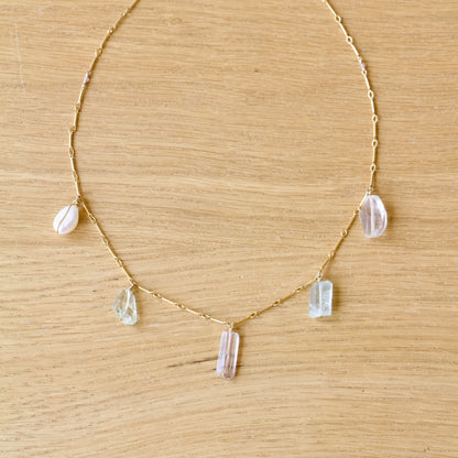 Pearl, Aquamarine, Kunzite, Crystal Quartz Necklace