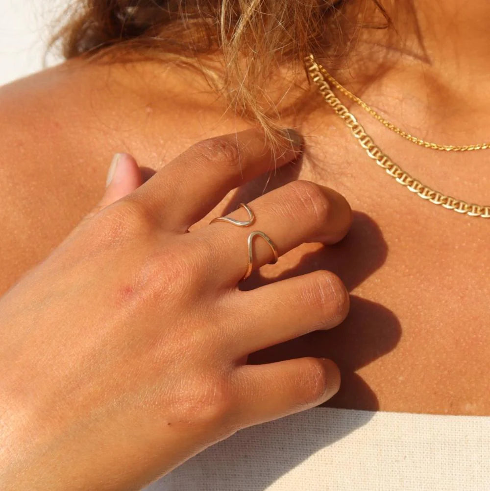 Gold sundari ring on models finger