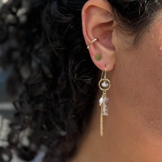 Kunzite, Herkimer, Pearl Dangle Earrings