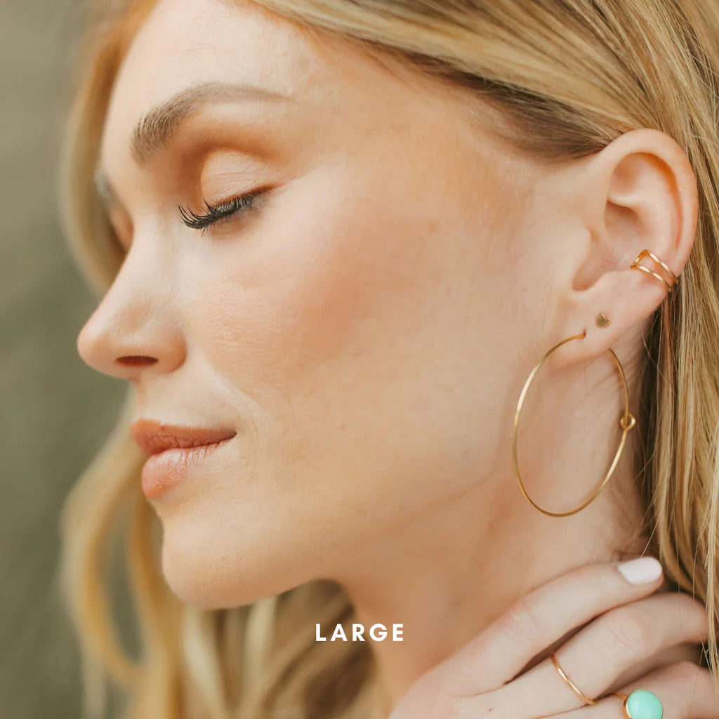 Organic Hoops in 14k gold fill, LG size, worn on models ear
