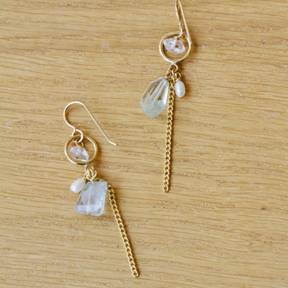Aquamarine, Herkimer, Pearl Dangle Earrings
